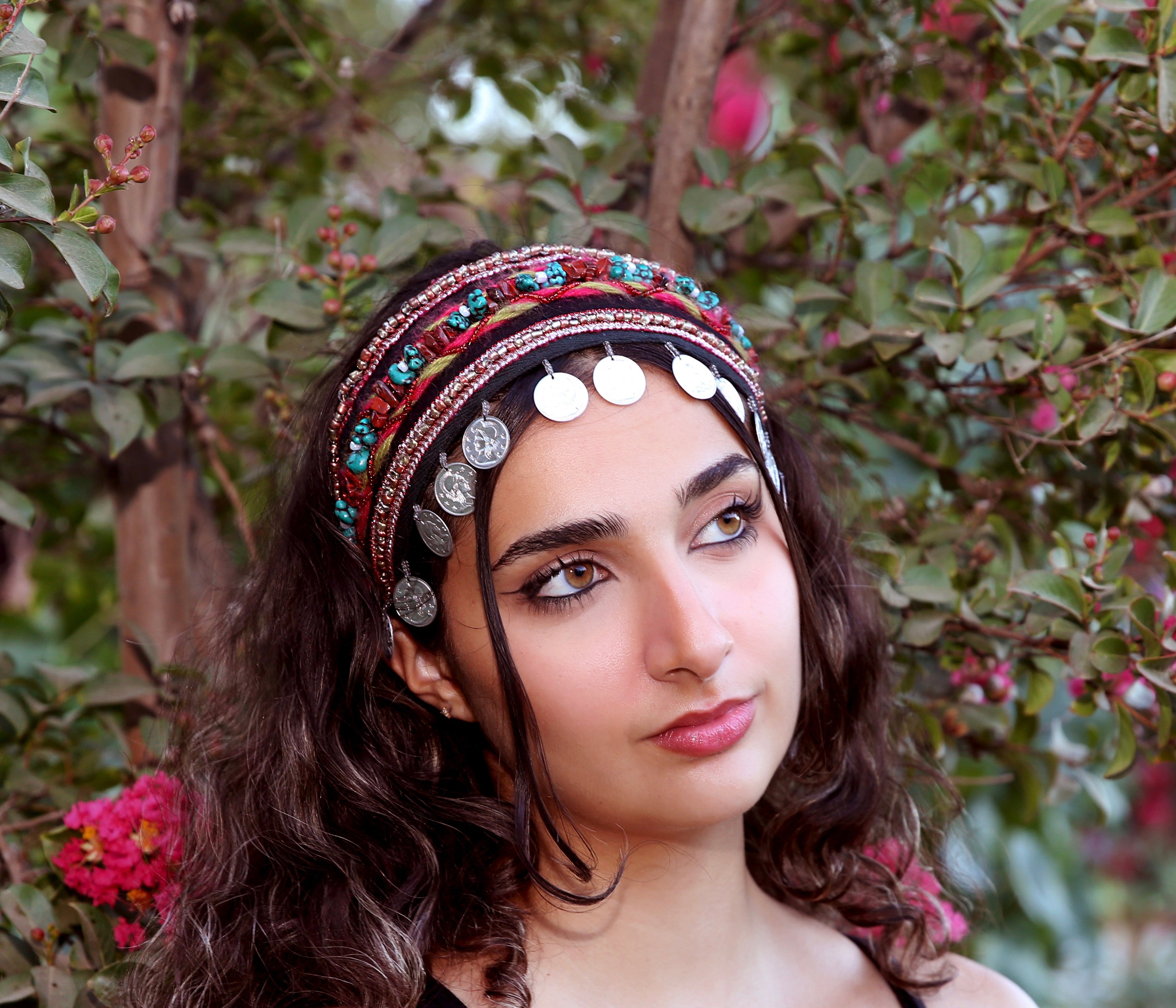Red poppy Jasper Beaded Hair Band with Metal Coin Trim