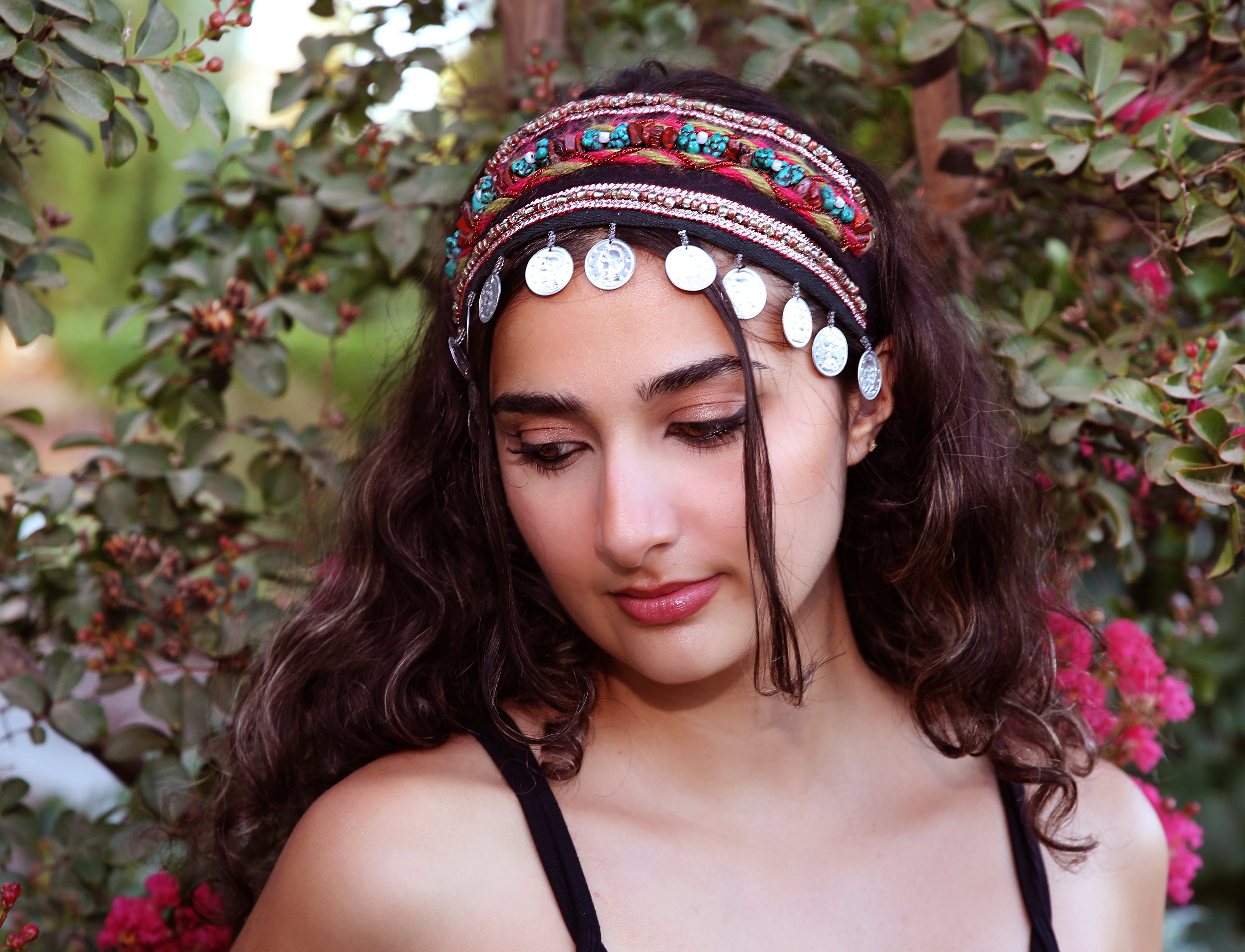 Red poppy Jasper Beaded Hair Band with Metal Coin Trim