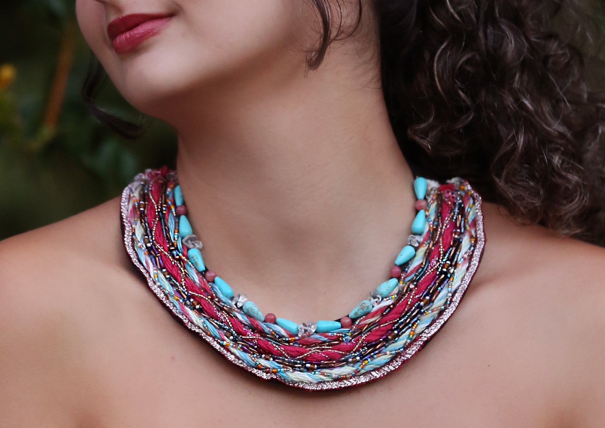 Blue Magnesite, Rose & clear Quartz, beaded Bib Necklace