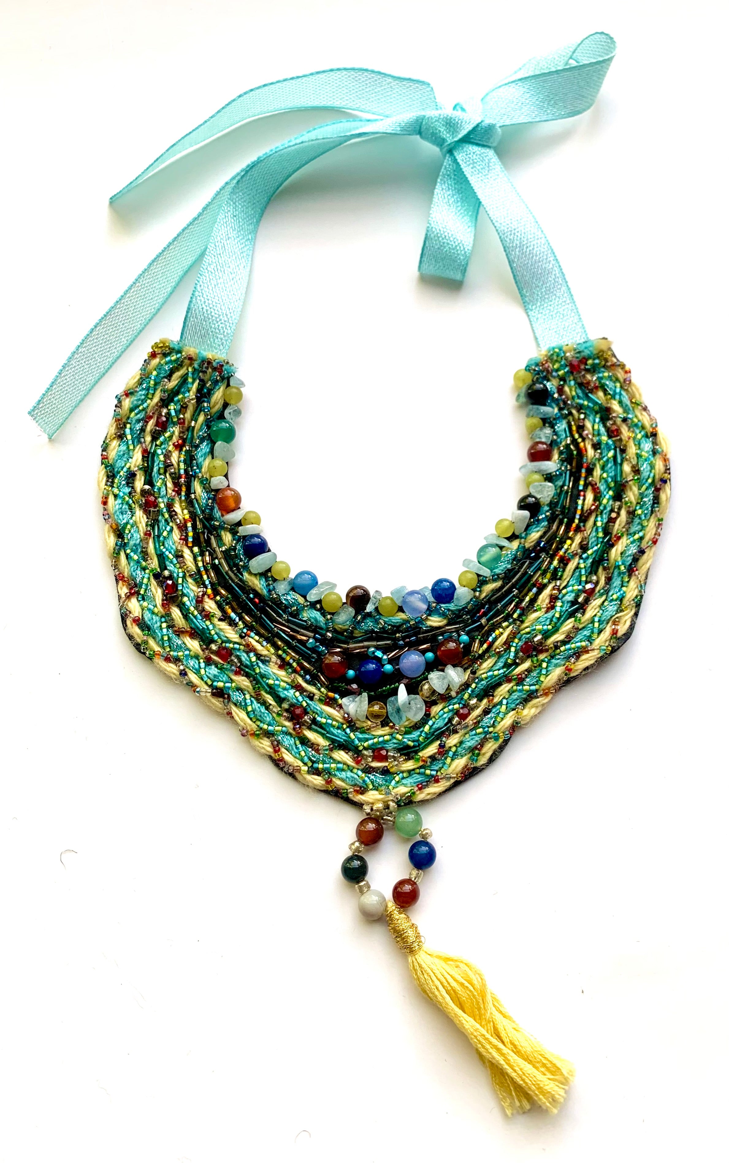 Agate, Yellow Serpentine & Blue Aquamarine Tassel Necklace