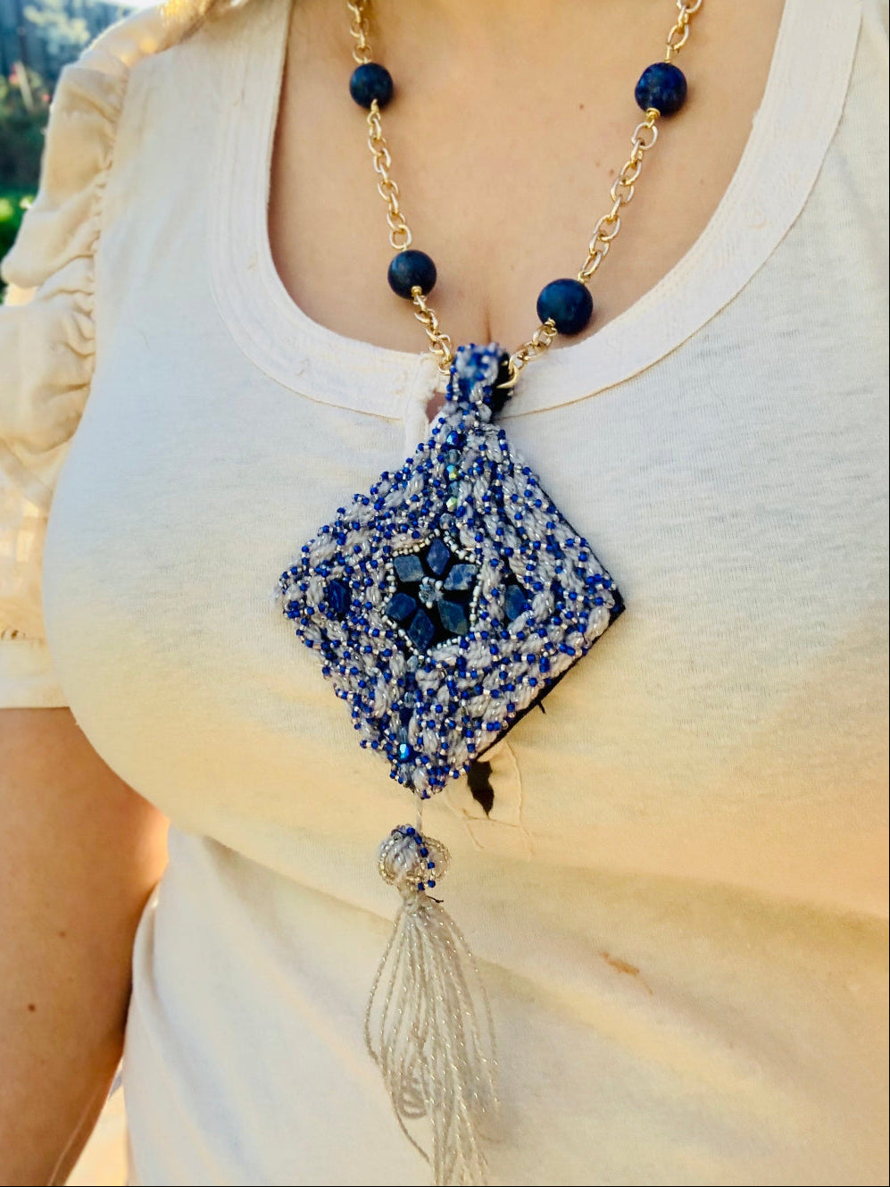 Midnight Mosaic Mixed Media Tassel Necklace