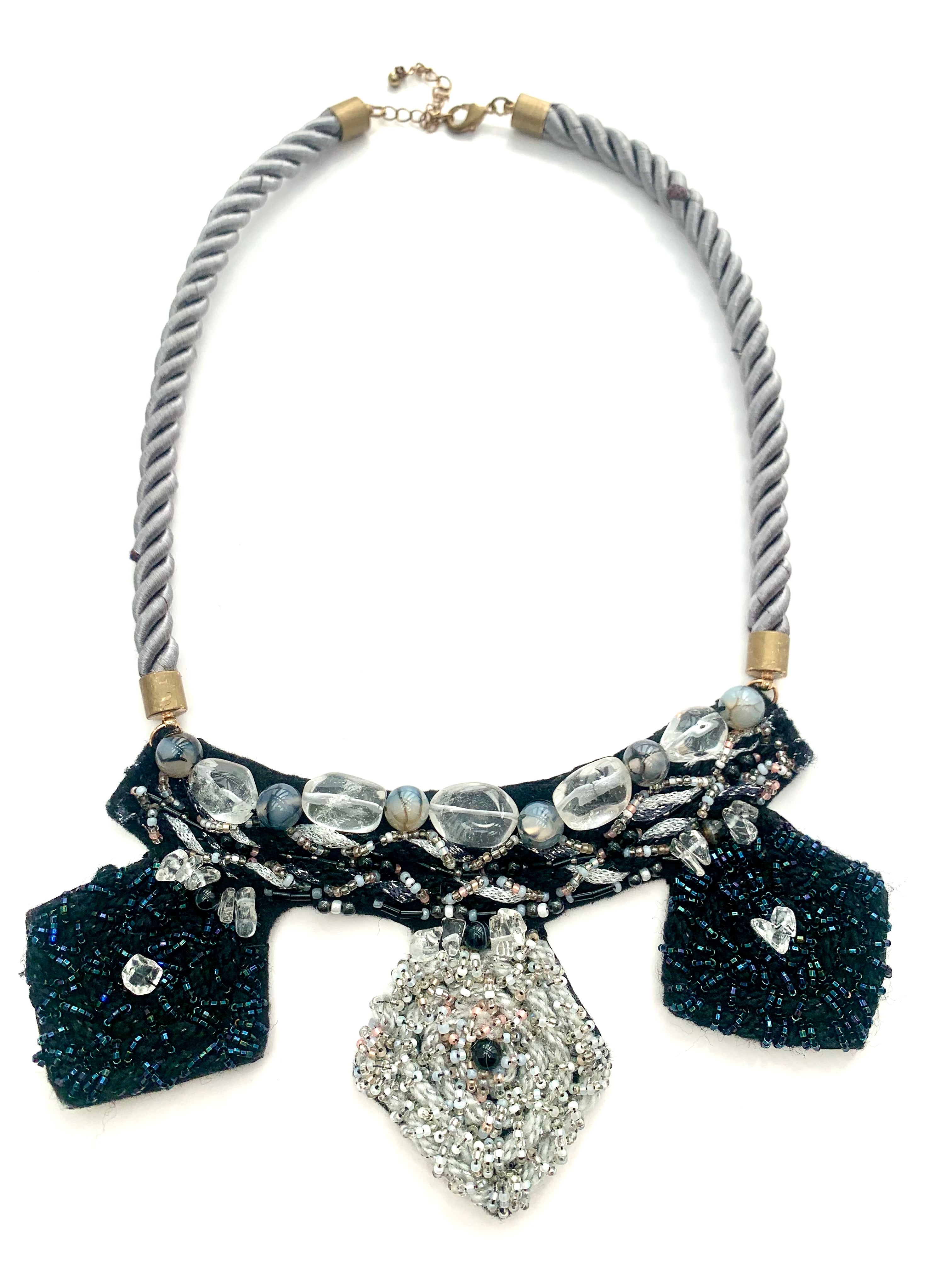 Three diamonds in the sky- Clear Quartz, Vein Agate, Black Agate Statements Necklace