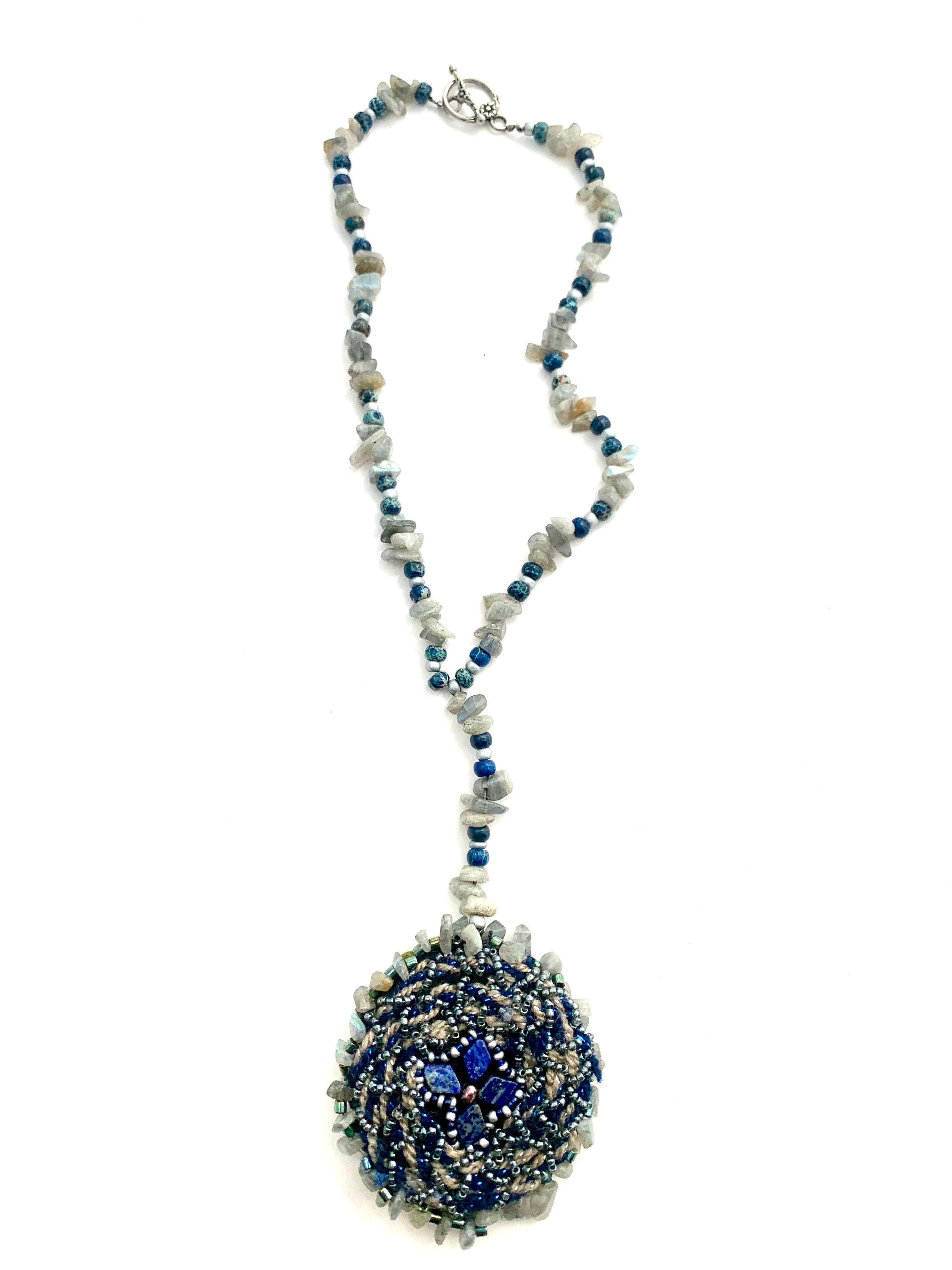 Circle Of life Labradorite and Lapis Reversible Medallion Necklace