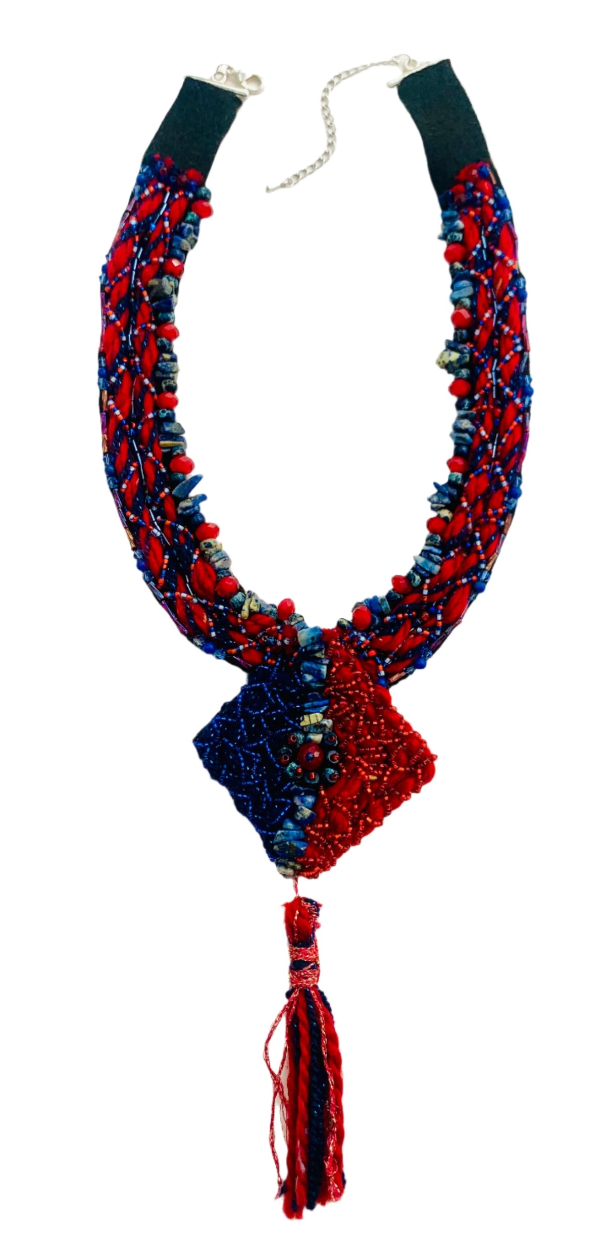 Handmade Statement Tassel Necklace, Red Quartz and Lapis Lazuli Design