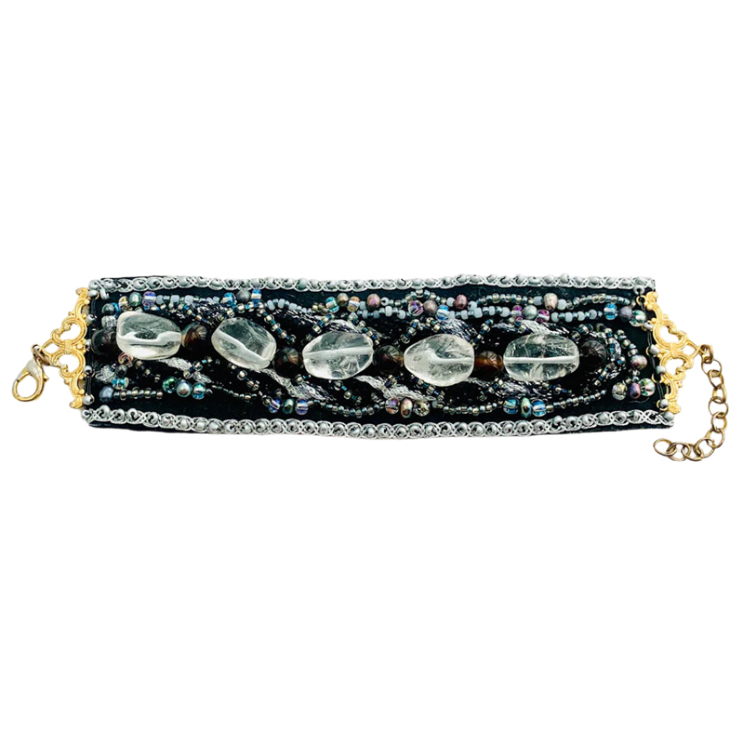 Clean Quartz, Black Agate, Black Pearl Beaded Bracelet