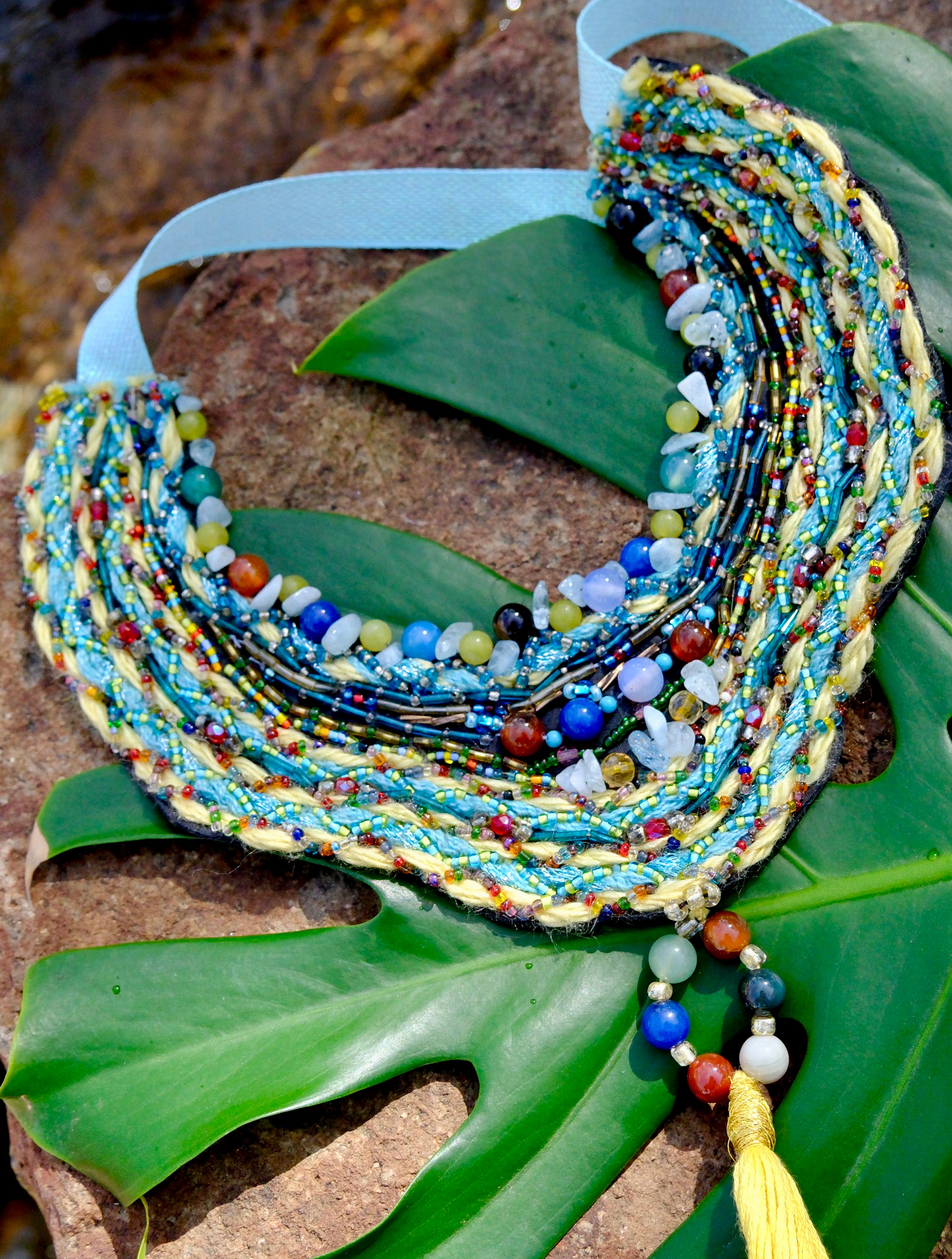 Agate, Yellow Serpentine & Blue Aquamarine Tassel Necklace