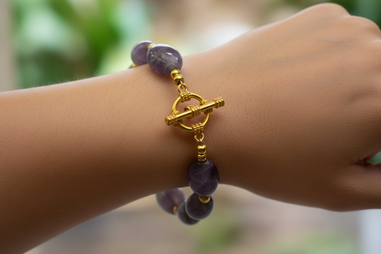 Handmade Beaded Bracelet with Natural Amethyst and Gold Accents