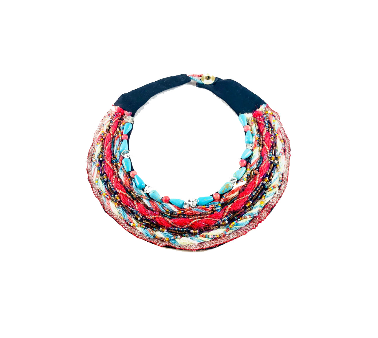 Blue Magnesite, Rose & clear Quartz, beaded Bib Necklace