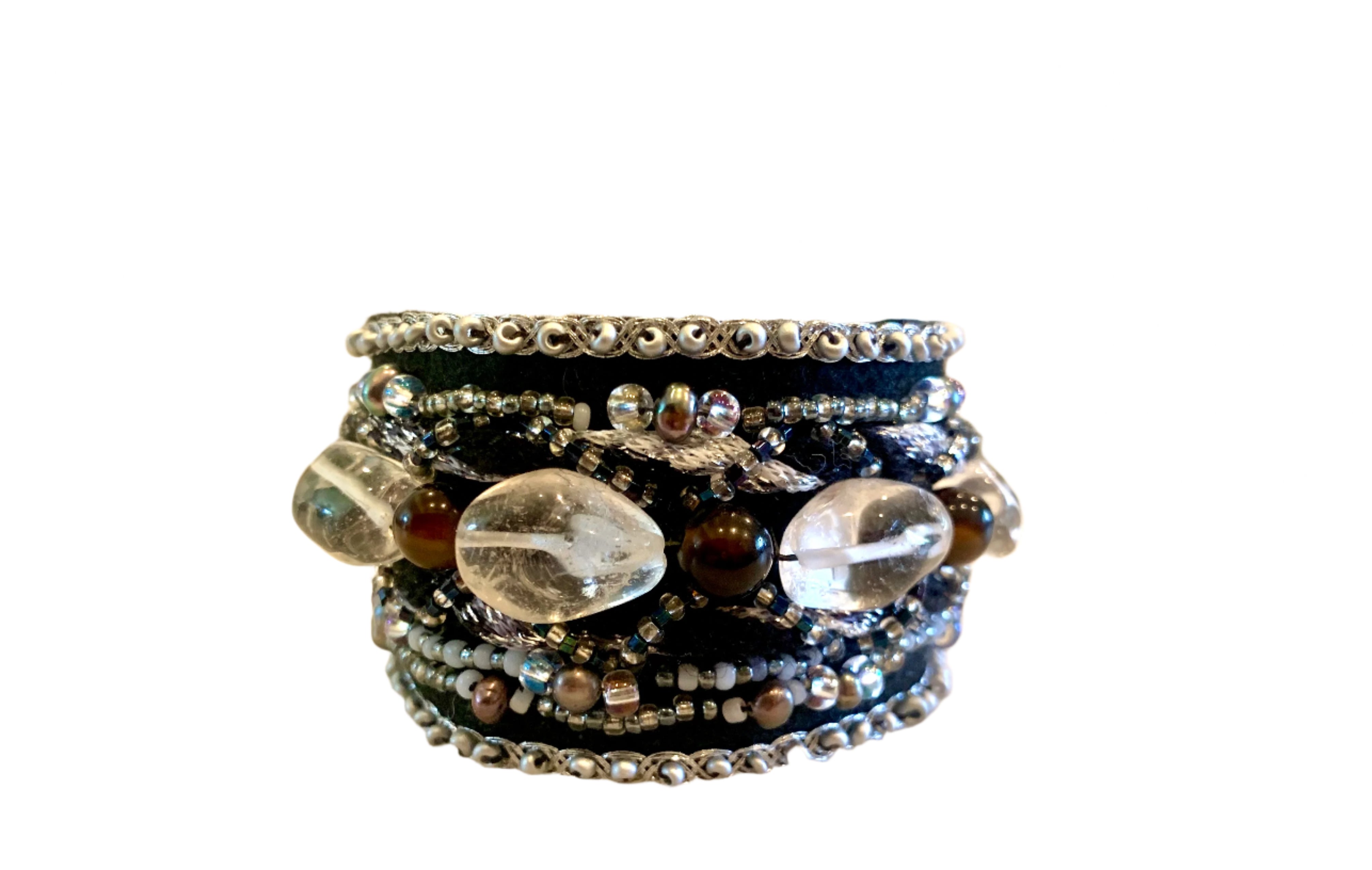 Clean Quartz, Black Agate, Black Pearl Beaded Bracelet